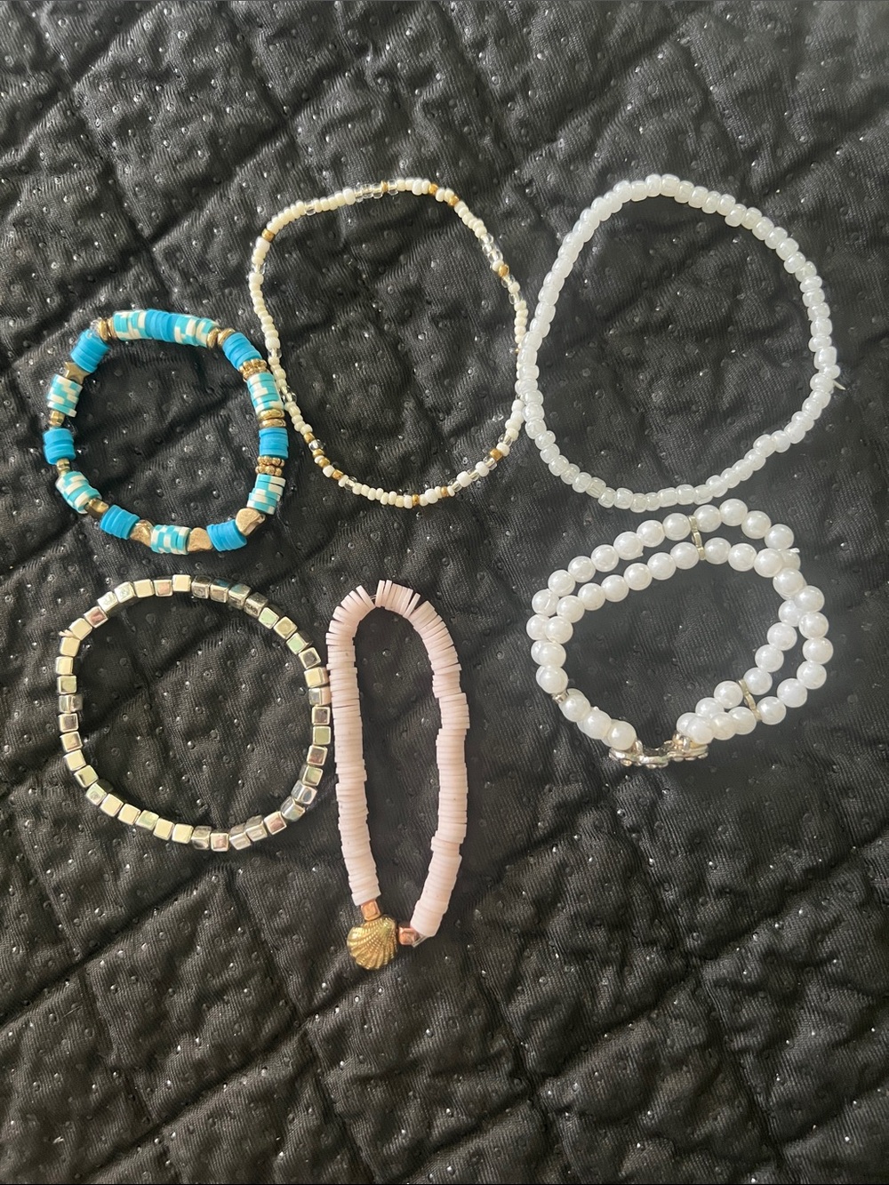 Boho Beaded Stretch Bracelet Stack Set – 6 Pieces (Blue, Pink, White, Silver)